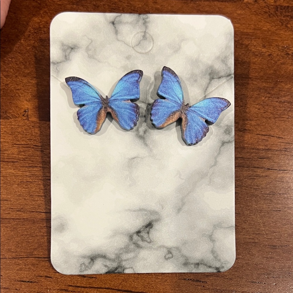 Blue Wooden Butterfly Stud Earrings‎